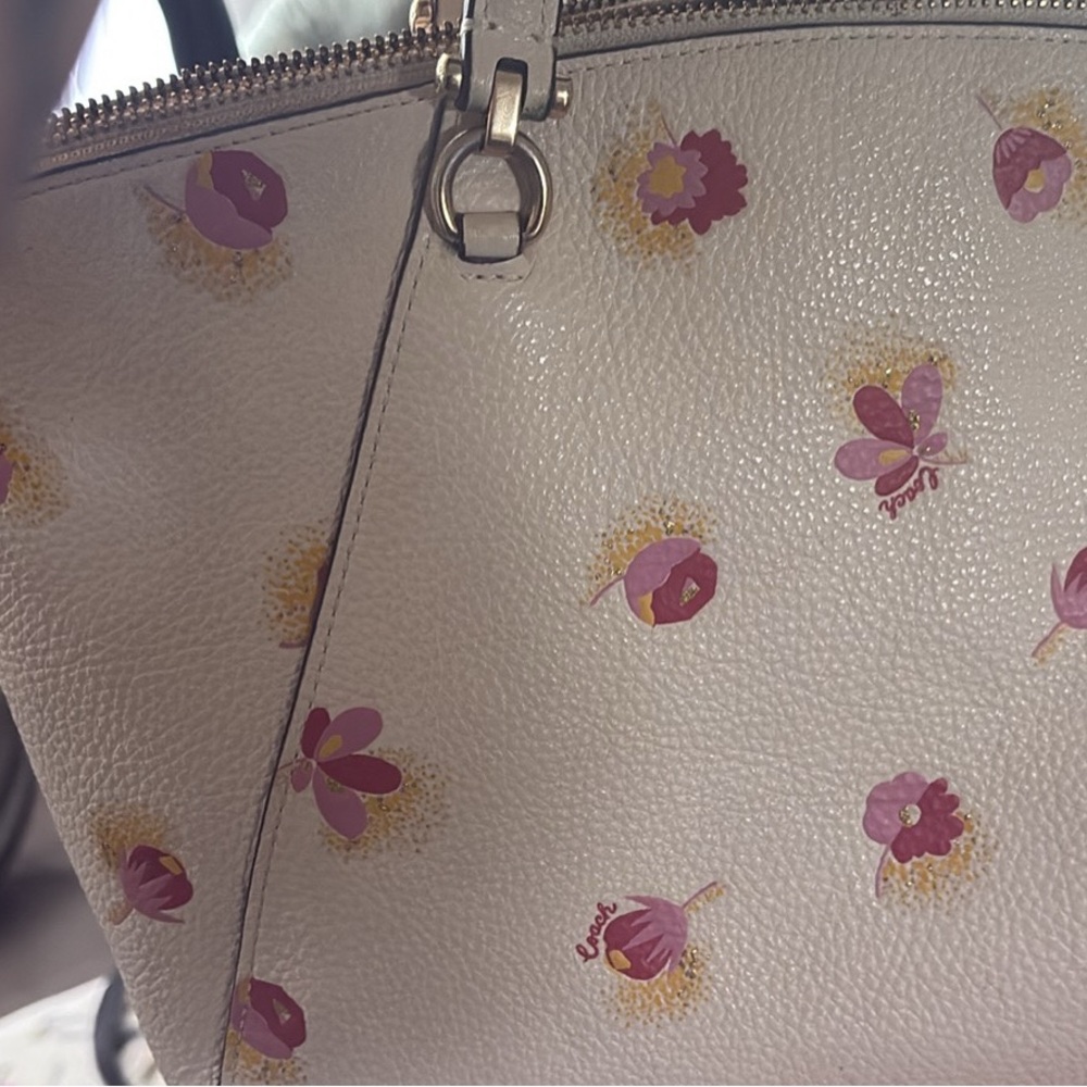 COACH  Cream Floral Leather Shoulder Bag with Pink Accents, wristlet Bundle